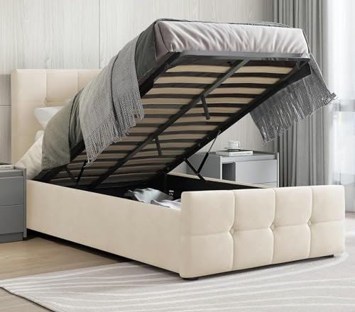 Blisswood Upholstered Ottoman Bed, 3ft Single Bed Frame UKFR Velvet Ottoman Storage Bed With Gas Lift End Opening Wooden Slats With Storage Bed (3ft Single Beige, No Mattress)
