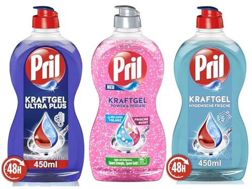 PRIL Kraftgel-Set 1x Power & Perlen Granatapfel & Orangenblüte & 1x Ultra Plus & 1x Hygienische Frische, Handgeschirrspülmittel-Set mit höchster Fettlösekraft, 3x 450ml