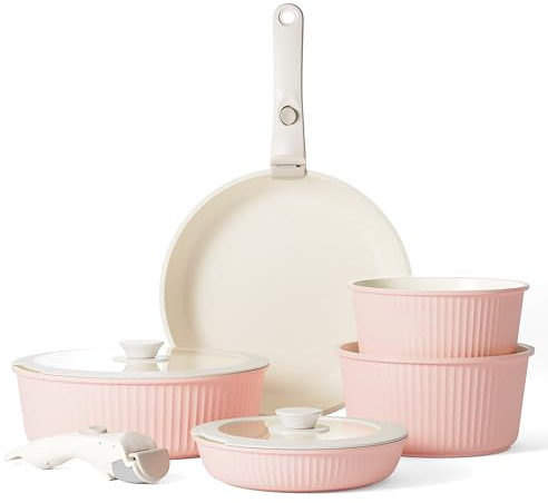 RIOVARM Induction Batterie de cuisine avec Poignées Détachables, Empilables Antiadhésive Granit Sets de poêles et casseroles avec Couvercles, Peu encombrant Poêle à frire Sans PFOA