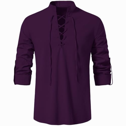 Rodawu Mens Linen Shirts Drawstring Henley Shirts Cotton Medieval Tunic Viking Tops Purple Shirt