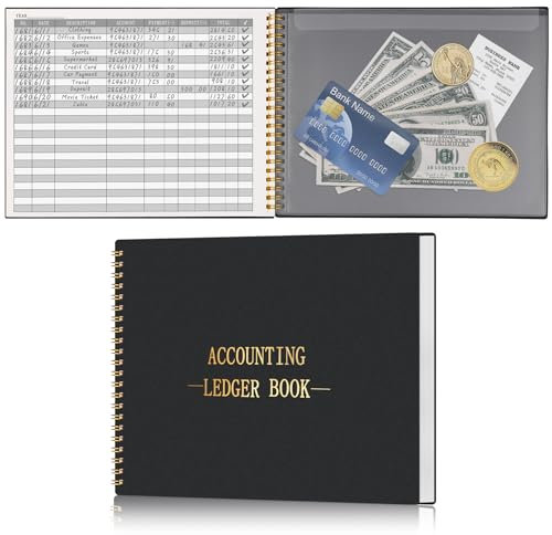 HAUTOCO Buchhaltungsbuch, Budget-Tracker-Protokoll-Tagebuch mit 2 Aufbewahrungstaschen, Geldkosten-Tracker, Notizbuch für kleine Unternehmen und persönliche Buchhaltung, 25,7 x 20,8 cm, Schwarz