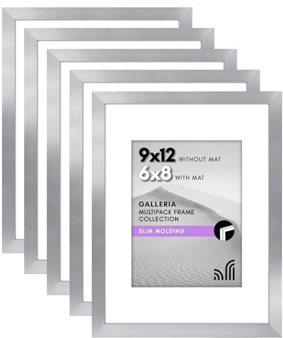 Americanflat 9x12 Picture Frame With Polished Plexiglass - Set of 5 - Use as 6x8 With Mat or 9x12 Without Mat - Galleria Collection - Gallery Wall Set for Wall Display - Silver