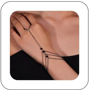 Dervivea Boho Onyx Finger Ring Armband Schwarz Kristall Sklaven Armband Onyx Cz Hand Kette Armband Edelstein Sklaven Finger Armband Einstellbar Strass Armband Schmuck Für Frauen