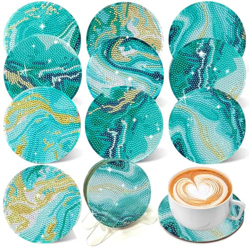 Diamond Painting Lot de 10 dessous de verre DIY Diamond Painting Adulte Sous-verres avec support, Peinture diamant 5D Enfant Art Marine avec diamants et outils de montage pour tasses, bougies
