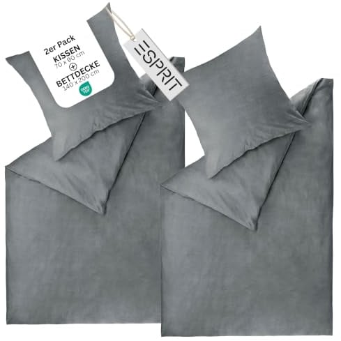 Esprit Bettwäsche 140x200 4-teilig Baumwolle 100% Renforcé Anthrazit Set | 2x Kopfkissenbezug 70x90, 2x Bettbezug, Bettwäsche-Set, Doppelpack, Reißverschluss, uni, Herbst, Winter, OEKO-TEX®