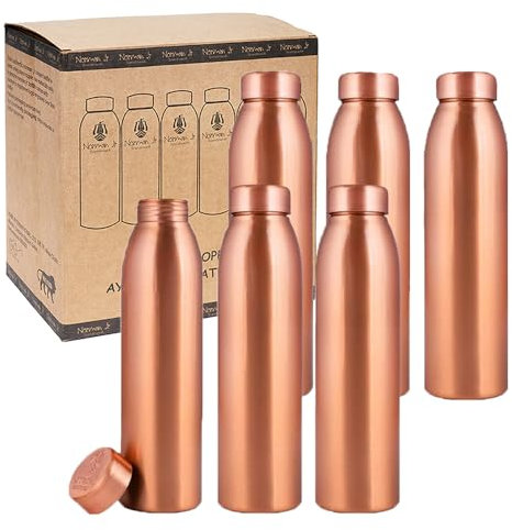 NORMAN JR Bouteille d'eau en cuivre 1L - Coffret cadeau de 6, Plaine, un récipient ayurvédique en cuivre pur - vous aide à boire plus d'eau, avec de nombreux bienfaits pour la santé