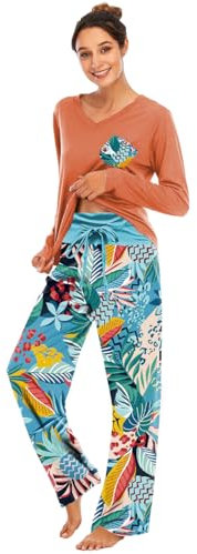 Famulily Women's Pjs Long Sleeve V Neck Top and Drawstring Elastic Waist Pants Sleepwear Floral Pjs Orange M