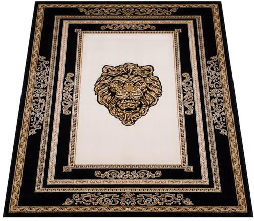 Belle Arti Exklusiver Teppich Wohnzimmer in Schwarz Gold mit Löwenkopf Motiv Kurzflor Schlafzimmer Esszimmer Antirutsch Antiallergisch - 100% Polyester Maschinengewebt (60 x 110 cm)