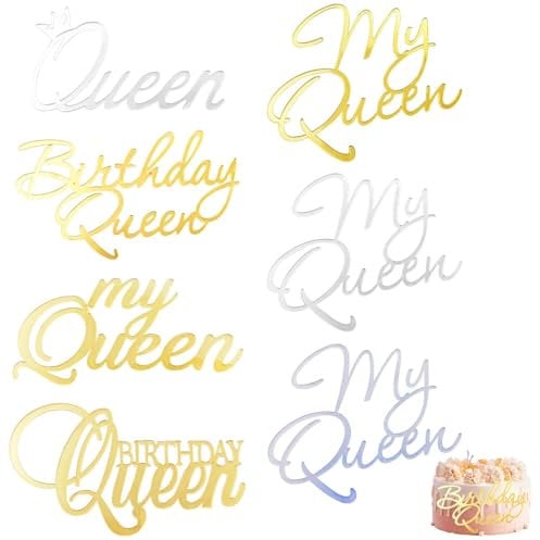 7 PACK Ins Birthday Queen Princess Cake Topper, My Queen Acrylic Cake Topper, Gold Silver Cake Toppers, Queen Birthday Decorations Cake Decoration Party Supplies