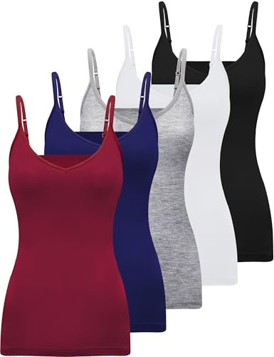 BQTQ 5 Pcs Womens V Neck Camisoles Spaghetti Strap Tank Top Slim Fitted Soft Undershirt Basic Camisole Tops for Women, M(Classic Colors)