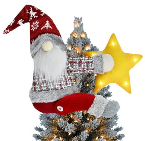 Puntale Per Albero Di Natale Con Gnomo Stellato – Questo Gnomo Illuminato Per Albero Di Natale, Gnomo Che Abbraccia L'albero Illumina La Parte Superiore 'albero Di Natale | Atmosfera Festosa Per