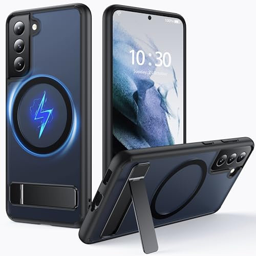 FNDMIL für Samsung Galaxy S21 Hülle mit MagSafe [Klapp Ständer] [Laden Beim Stehen] [Militärisch Stoßfest] Durchscheinender Matt Silikon Bumper Handyhülle für Samsung S21 Case Slim,Schwarz