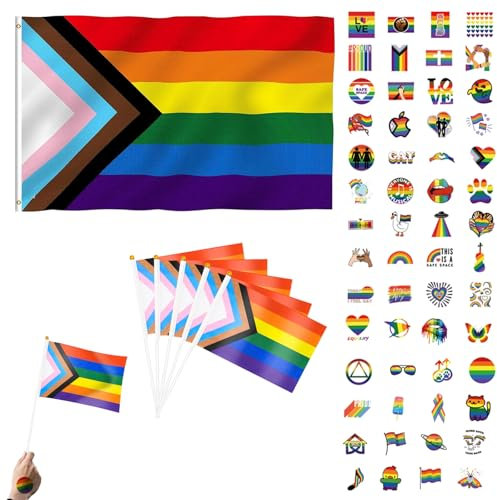 Bandera Orgullo Gay y Stickers Set: Bandera 150x90cm + 5 Banderas 14x21cm + 55 Stickers PVC + Bastones de Plástico 30cm, Decoración para Fiestas y Celebraciones