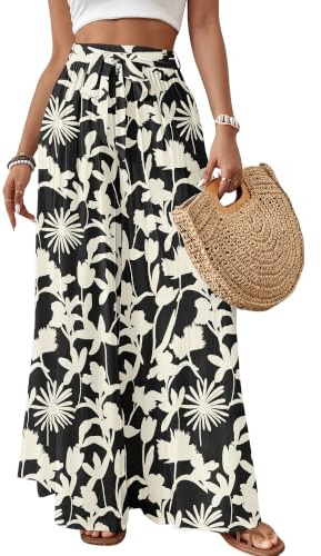 Bsubseach Wide Leg Pants Woman Flowy Floral Palazzo Pants for Women High Waisted Summer Casual Trousers Cruise Outfits Black Printed M