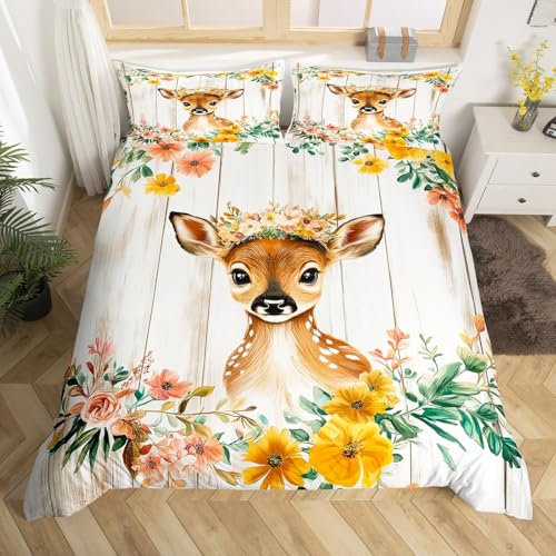 Homewish REH Bettwäsche 135x200 Kinder, Wald Cartoon Tier Hirsch Bettbezug Niedlich für Mädchen Jungen, Braunbeige Ästhetische Bett Set, mit 1 Kissenbezug Holzbrett Dekor, Weiche Mikrofaser