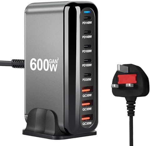 600W USB-C Fast Charger Block:8-Port Upgraded GaN III USB C Charging Station with 5 Typ C and 3 USBA Port Multi Charger,Support Max PD140W Compatible with MacBook Pro/Air,iPhone 16/15/14 Pro,Samsung