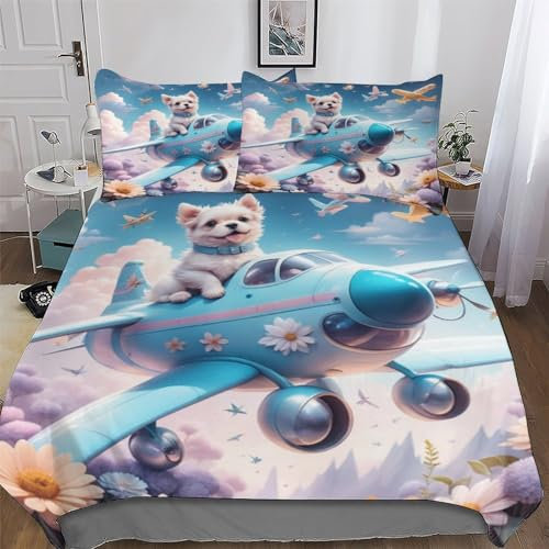 Hund Flying Plane Bettwäsche Bettbezug Und Kissenbezug, Mikrofaser Bettbezüge Deckenbezug Set 2teilig Für Erwachsene Teenager Kinder Single(135x200cm)