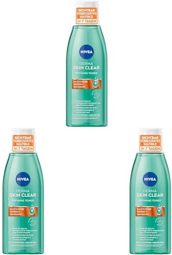 NIVEA Derma Skin Clear Refining Toner, porenverfeinerndes Gesichtswasser für ein sichtbar verbessertes Hautbild, Gesichtsreinigung mit Salicylsäure & Niacinamid (200 ml) (Packung mit 3)