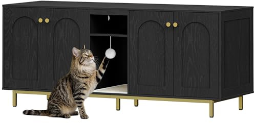 Hzuaneri Meuble Litiere pour 2 Chats, Maison de Toilette Chat, Maison Cachée pour Chat avec Chambres Doubles, avec Espace de Rangement, Balle en Peluche, 140 x 48 x 62 CM, Noir et Or CB86504A