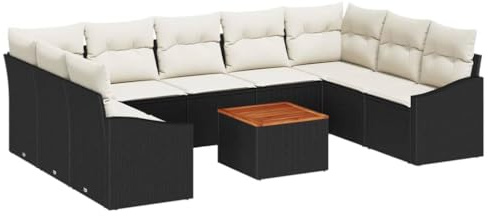 vidaXL 10-teiliges Garten-Sofa-Set mit Kissen, schickes schwarzes Poly-Rattan und Akazienholz. Ideal für entspannte Stunden im Freien, perfekt für Terrasse, Lounge und Garten. Modular aufstellbar.