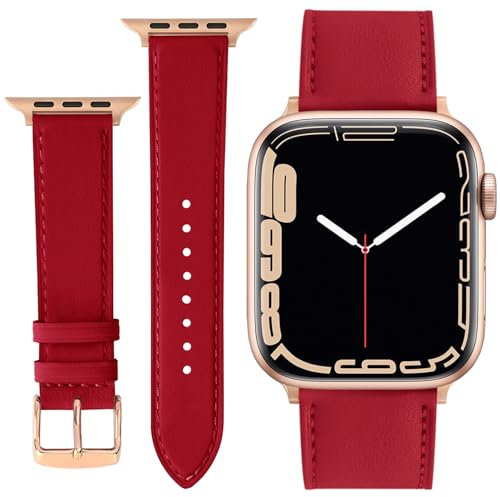 ONET8O Leather Strap Compatible with Apple Watch 38mm 40mm 41mm Replacement Genuine Leather Bands for iWatch Series Women and Men Watch Wristband (38mm 40mm 41mm) Red
