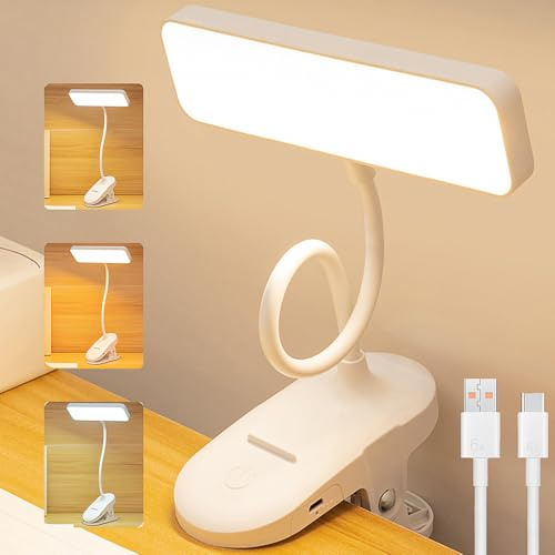 RNPKZ Lampada Clip Ricaricabile con Pinza, Lampada Lettura con Pinza, 360° Flessibile, Lampada da Lettura a Clip, 3 Colori e Regolabile Luminosità, Ideale per Leggere a Letto, Scrivania e Comodino