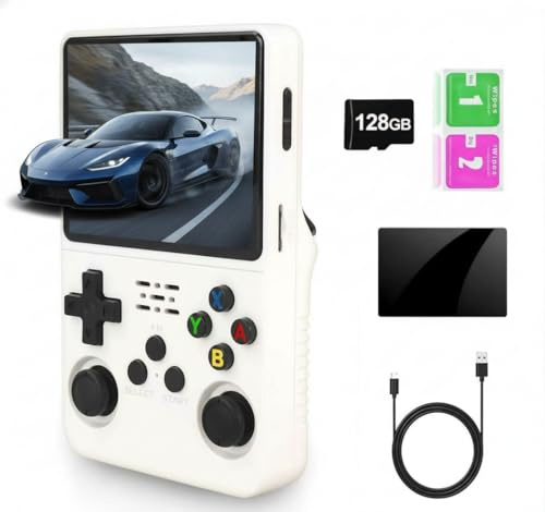 Ouyniei Console de Jeux Retro R36s, Ecran IPS 3,5, 128 Go, Plus de 40 000 Jeux Preinstalles, Systeme Open Source Base sur Linux/Arkos, Double Joystick, Batterie 3500mAh, Version Blanc (White)