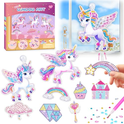 Einhorn Geschenke für Mädchen 5-8 Jahre, Kreatives Diamond Painting Kinder | Bastelset Kinder ab 6 5 7 8 Jahre, DIY Basteln Geburtstagsgeschenk für Mädchen, Window Color Set Sonnenfänger Fensterdeko