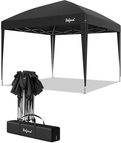 Zelsius Faltbarer Pavillon 3x3 m | Schwarz | Pop-Up Faltpavillon 3x3 UV30, Gartenzelt faltbar, Klapp Partyzelt mit Tasche | Unterstand für Garten, Sonnenschutz, Gartenpavillon klappbar, Pop Up Zelt