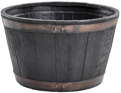 Shop4allsorts Small Round Barrel Planter - Oakwood Effect Plastic Half Barrel Plant Pot - Garden Patio Planter - 37cm x 25cm