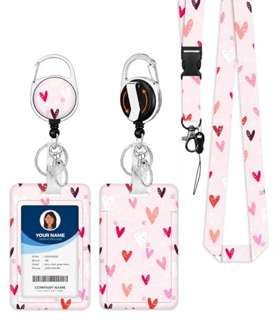 YIPFEN Porta Badge Retrattile Scorrevole Rigido, 3 Pezzi Cuori Rosa per Infermiera e Studenti. Accesso Rapido & Sicuro ID, Tessera Lavoro e Scuola. Portatessera da Collo.