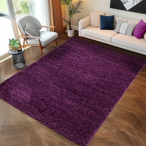 Carpettex Hochflor Teppich 60 x 110 cm Violett - Flauschiger Extra Weich und Pflegeleicht - Shaggy Modern Einfarbig Design für Wohnzimmer, Schlafzimmer, Esszimmer und Läufer