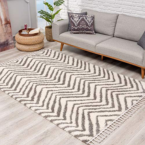 Teppich Hochflor Wohnzimmer - Ethno Chevron Design 80x200 cm Creme - Teppich-Läufer mit Fransen