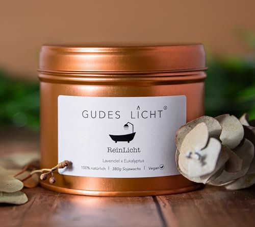 Langlebige Sojawachs Duftkerze - Lavendel & Eukalyptus/ReinLicht - Gudes Licht / 380g, regional, vegan, langlebig, Ätherische Öle, 80h Brenndauer, Designkerze für Bad, Spa & Wellness