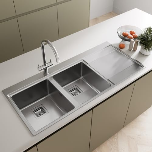 SÄUBER® 1160 x 520mm Stainless Steel Kitchen Sink Double Bowl Sinks for Kitchens 2.0 Bowls, Right Hand Drainer, Inset Drop in Installation, Free Basket Strainer Waste