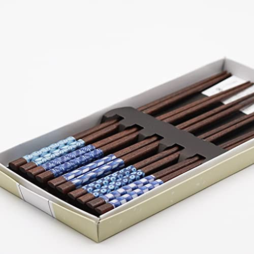 Ishida Chopsticks Boxed Set, Cream Box, Dark Wood, Mixed Blue/White Designs 230mm (Made in Japan)