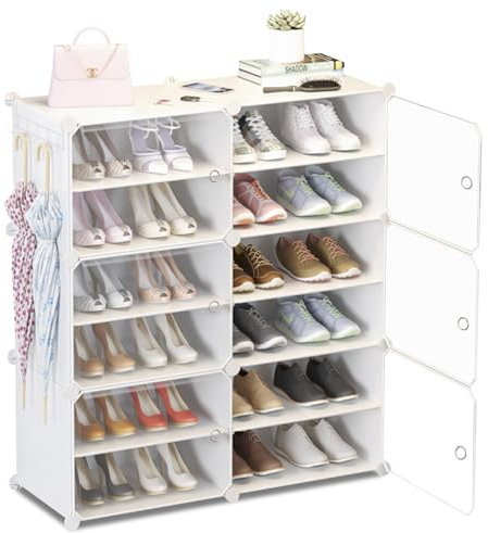 HOMCENT Schuhregal mit Türen und Schlüsselhalter, Schuhschrank für 12-24 Paar Schuhe, Kunststoff Schuhregale für Flur Schlafzimmer Eingang, 2x6 Etagen, Weiß