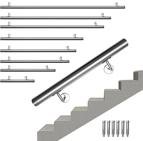 Jopassy Pasamanos de acero inoxidable, pasamanos de 150 cm de largo, 42 mm, utilizado para escaleras interiores y exteriores, incluye soporte de pared y tapas