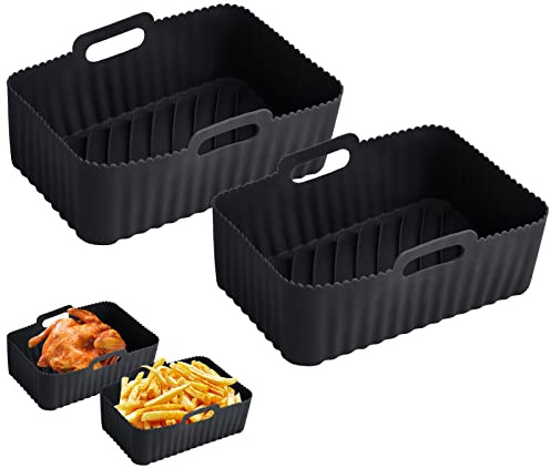 2Pcs Silicone Air Fryer Liners, Rectangle Reusable Air Fryer Silicone Pots, Air Fryer Accessories, Easy to Clean Air Fryer Baking Tray Oven Accessories (2Pcs Black)