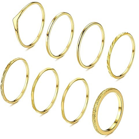 FIOROYAL 8 STK Ringe Gold 14K Vergoldet Ringe für Frauen Mädchen Stapelbare Ringe Einfacher Zierlicher Fingerring Gold Ringe Frauen Goldene Ringe Set Ring Gold Eheringe Gold für Damen 62
