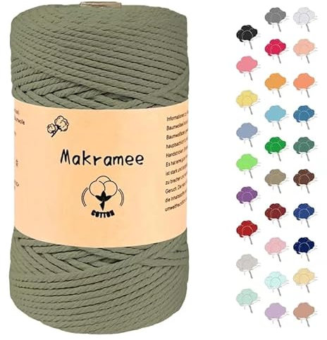 3mm x 200m Makramee Garn, Baumwollgarn, Macrame Kordel für Basteln, Pflanzenbügel-Armeegrün