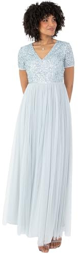 Maya Deluxe Women's Ladies Dress for Wedding Guest Plus Size Empire High Waist Sequins Short Sleeve Evening Bridesmaid, Ice Blue, 14