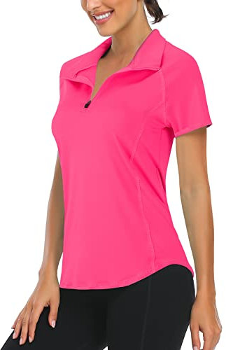 Sports Tops for Women UK, Womens Running Top Ladies Polo Shirts Size 16 Womens Short Sleeve Gym Tops Zip Up Sun Protection Workout Golf Clothing Hot Pink