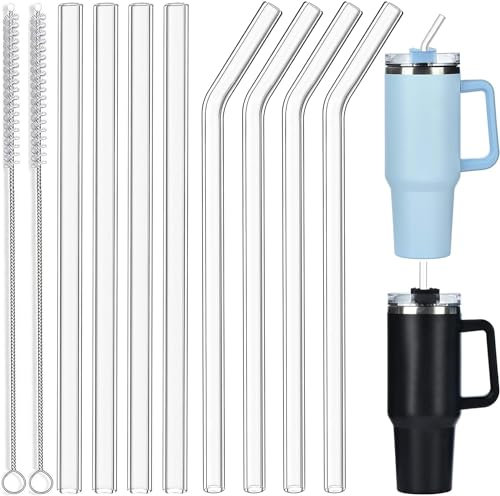 ALINK Glasstrohhalme 31cm Lange Durchmesser 1cm für Stanley Adventure Quencher Reisebecher 40oz, 8 Stück Ersatz Trinkhalme mit 2 Reinigungsbürsten, Transparent (4 gerade + 4 gebogen)