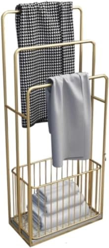 Metal Free Standing Towel Rack With Storage Basket - 3-Tier Blanket Rack, Laundry Basket, Quilt Rack, Towel Ladder – Towel Stand, Blanket Rack For Bathroom – Space-Saving Storage Solution(Gold)
