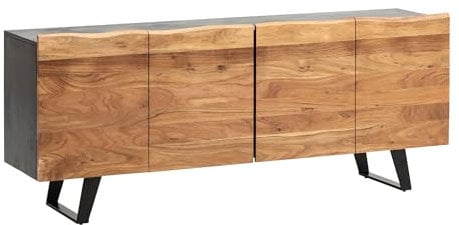 Massivholz Sideboard FineBuy 180cm Akazie Kommode mit 4 Türen Baumkante Industrial Design Metall Schwarz