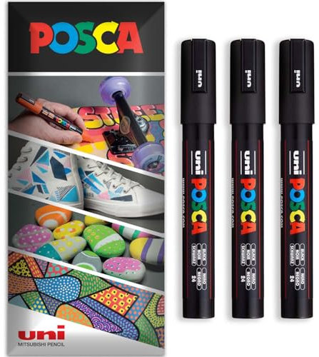 Posca - Water Based Permanent Marker Paint Pen - Multi Surface Use - PC-5M - Pack of 3 Pens in Wallet (Black)