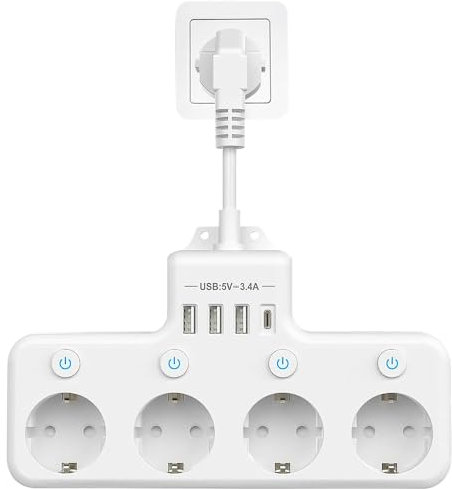 CLIUNT Ciabatta Multipresa con USB C, Multipresa Murale con Interruttori Indipendenti, Ciabatta Elettrica con Interruttore con 3 USB e 1 Type-C (5 V 3,4 A), per ufficio, casa e viaggio