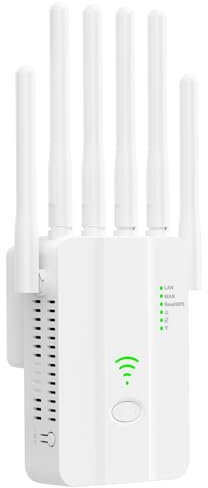 Ripetitore WiFi Potente, wifi extender, Amplificatore WiFi con 6 Antenne, 2 Porte LAN, Modalità (Ripetitore/Router/AP), Copertura fino a 300 m², per Casa e Ufficio, Installazione Semplice