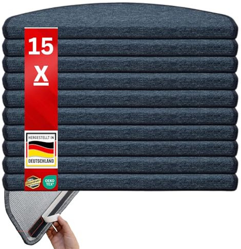 Floordirekt Original Stufenmatten Treppen-Teppich 15er Spar Set 20 Farben (London, Dunkelblau, 65x23 cm, Halbrund)